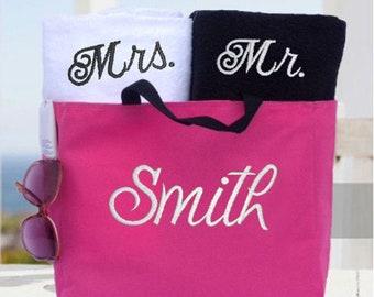 Couples Gift Towel Tote Set, Personalized Mr. Mrs. Towels, Bride Groom Gift, Beach, Bath, Pool Towels