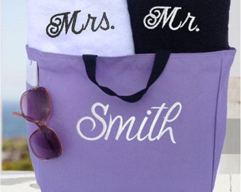 Couples Gift Towel Tote Set, Personalized Mr. Mrs. Towels, Bride Groom Gift, Beach, Bath, Pool Towels