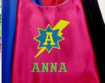 Super Hero Cape,  Embroidered Lightning Bolt Star Cape, Girls Cape Personalized with Name  Proudly Made in USA