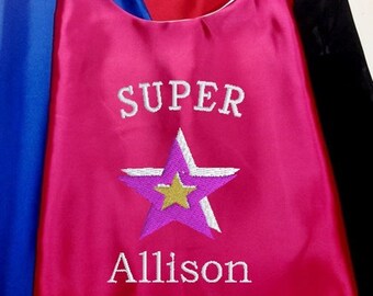 Super Hero Cape,  Embroidered Girl's cape Super Star Personalized with Name Hot Pink