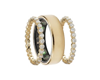 May include: A gold-toned ring set featuring a central band with a smooth, matte finish and a black interior, flanked by two matching eternity bands encrusted with small, clear, round-cut stones. The text TechJewelryJackets is visible.