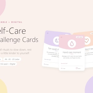 May include: Self-Care Challenge Cards featuring 36 small rituals. The cards are pastel-colored with icons and text including Hand care moment, Ten quiet m, and don't text. The set includes A4, A5, and US Letter sizes for printable or digital use.