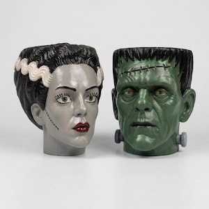 Può includere: Due vasi a forma di testa che raffigurano un personaggio dalla pelle grigia con capelli neri e una ciocca bianca, e un personaggio dalla pelle verde con capelli neri, fronte cucita e bulloni grigi ai lati del collo.