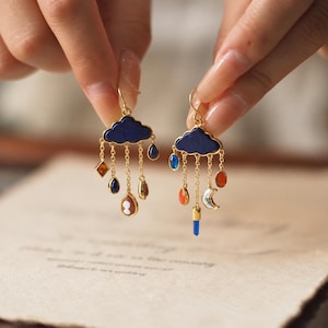Celestial Rain Cloud Earrings, Moon & Raindrop Dangle Jewelry