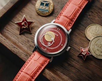 Reloj Raketa Copernicus para mujer, raro reloj soviético vintage, esfera roja, nuevo sin estrenar, regalo único para ella.