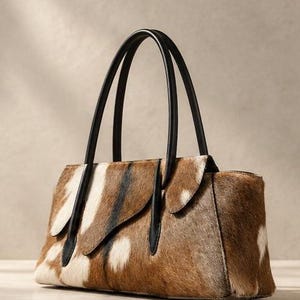 May include: A structured handbag crafted from brown and white cowhide with a natural hair-on texture. The bag features two slim black leather handles attached to the front and back panels, with a flap closure and a rectangular base silhouette.