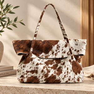 May include: A shoulder bag featuring a brown and white cowhide pattern with a textured fur finish. The bag has a structured rectangular base, a fold-over top flap design, and two thin matching shoulder straps attached to the front and back panels.