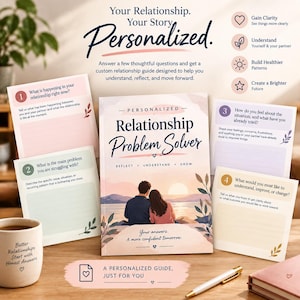 May include: A personalised relationship guide titled Relationship Problem Solver with a cover illustration of a couple at sunset. The set includes four numbered question cards, a mug with text, and a pen, all designed to help users reflect and grow.