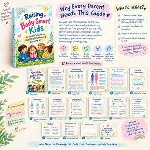Könnte beinhalten: Ein digitaler Ratgeber mit dem Titel Raising Body-Smart Kids: A Parent's Guide to Healthy Boundaries & Growing Up. Das Set enthält ein Deckblatt und 17 Seiten mit altersgerechten Anleitungen, realen Szenarien, Checklisten und Übungen.