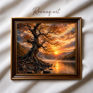 Peut inclure: Une impression d'art encadrée intitulée Rownaq art représentant un paysage avec un grand arbre noueux aux racines exposées sur une rive rocheuse au coucher du soleil. Le ciel est rempli de nuages orange et jaunes, et le soleil se reflète sur l'eau.