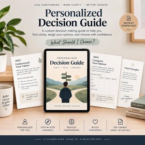 May include: A digital tablet displays a Personalized Decision Guide with a cover illustration of a person facing a signpost in a landscape. Surrounding the tablet are printed pages detailing steps for decision-making, including reflection questions and a matrix.