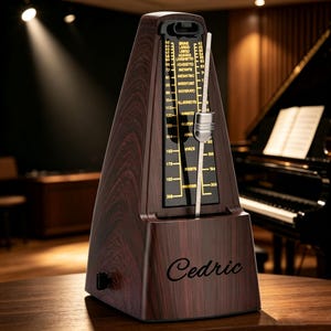 May include: A dark wood-grain metronome featuring a black faceplate with gold-colored musical tempo markings and the name Cedric printed in black script. A silver metal pendulum arm with a sliding weight is positioned in the center.