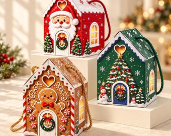 Christmas Cottage Gift Box with Handle and Ribbon, 3D House Treat Box for Candy Cookies and Small Gifts, Holiday Party Favor Packaging