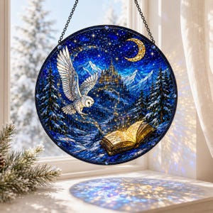 Snowy Owl Castle Stained Glass Suncatcher, Crescent Moon Open Book Window Hanging, Fantasy Book Lover Decor, Magical Reader Gift