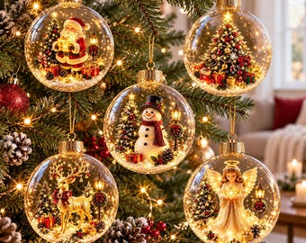 May include: Five clear spherical Christmas ornaments hanging on a tree, each containing a miniature scene: Santa Claus, a decorated Christmas tree, a snowman, a golden reindeer, and an angel, all illuminated by warm internal fairy lights.