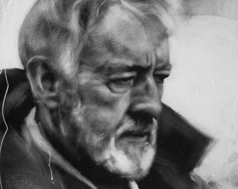 Obi Wan Kenobi, Black & White, Portrait, Art, Original Painting, Movie, Action, Star Wars, Sir Alec Guinness, Jedi, Jedi Knight