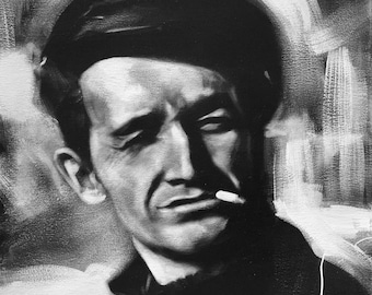 SALE! Woody Guthrie, Original 20"x16" Acrylic Painting, Black & White, Art, Portrait, Music, Country Music, Folk Music, Icon, Gift