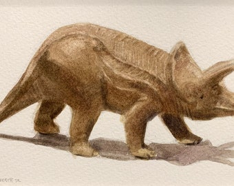 Triceratops Spielzeug Stillleben, gerahmt Original Aquarell auf 10 x 15 cm Aquarellpapier, Rahmen ist 13 x 7 cm, Kunst, Dinosaurier Kunst