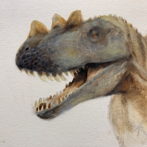 Ceratosaurus, dipinto a olio originale incorniciato su pannello illustrativo 6"x8", la cornice è 7,50"x9,50", belle arti, arte dei dinosauri, arte paleo