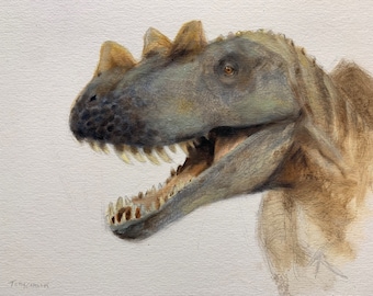 Ceratosaurus, gerahmtes Original Ölgemälde auf 6 "x 8" Illustration Board, Rahmen ist 19,5 x 24,5 cm, Fine Art, Dinosaurier Kunst, Paläo Kunst