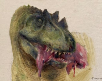 Ceratosaurus Skizze, Original gerahmt 4 "x6" Ölgemälde auf Illustration Board, Dinosaurier Kunst, Paleo Kunst, Tierkunst, Dinosaurier, Dinosaurier Geschenk