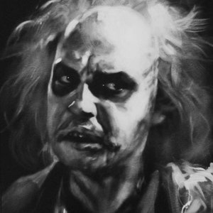 Beetlejuice, Original 20&quot;x16&quot; Acrylic Painting, Black & White, Portrait, Art, Movie, Horror, Halloween, Tim Burton, Michael Keaton