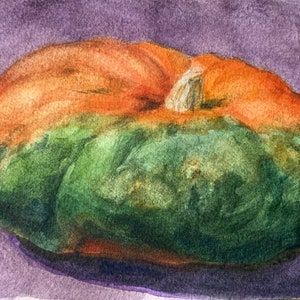 Zucca arancione e verde, dipinto ad acquerello originale incorniciato su carta per acquerello 4"x6", la cornice è 5"x7,25", belle arti, arte della zucca