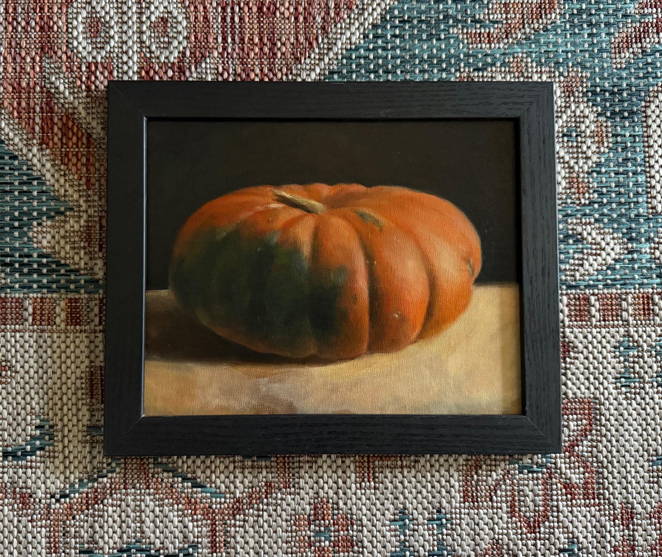 【油絵】かぼちゃ【秋の作品】過去作品/即購入OK 額入りカボチャ油絵、オレンジとグリーンの静物画、（10インチ×8インチ
