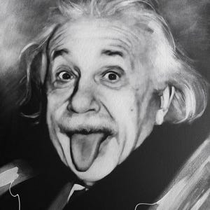 May include: Black and white portrait of Albert Einstein sticking out his tongue. The image is a close-up of his face, with his eyes wide and hair disheveled. The portrait is a painting or drawing.