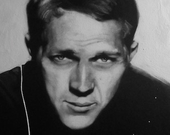 Steve McQueen, Original 20"x16" Acrylic Painting, Black & White, Art, Portrait, Bullitt, Ford Mustang, Film, Movie, Classic