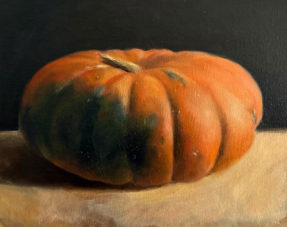 額入りカボチャ油絵、オレンジとグリーンの静物画、（10インチ×8インチ