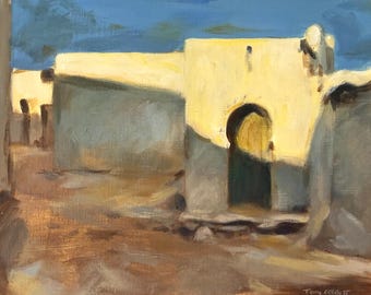 Edificios moriscos de Sargent a la luz del sol, pintura acrílica enmarcada de 8"x10" sobre papel Canson Canva, copia maestra pintada por Tony Corbitt Jr.