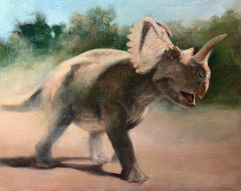 Aufladen Centrosaurus, gerahmtes Original 8 "x 10" Ölgemälde auf Leinen Panel, Dinosaurier Kunst, Paläo Kunst, Tier, Tierkunst