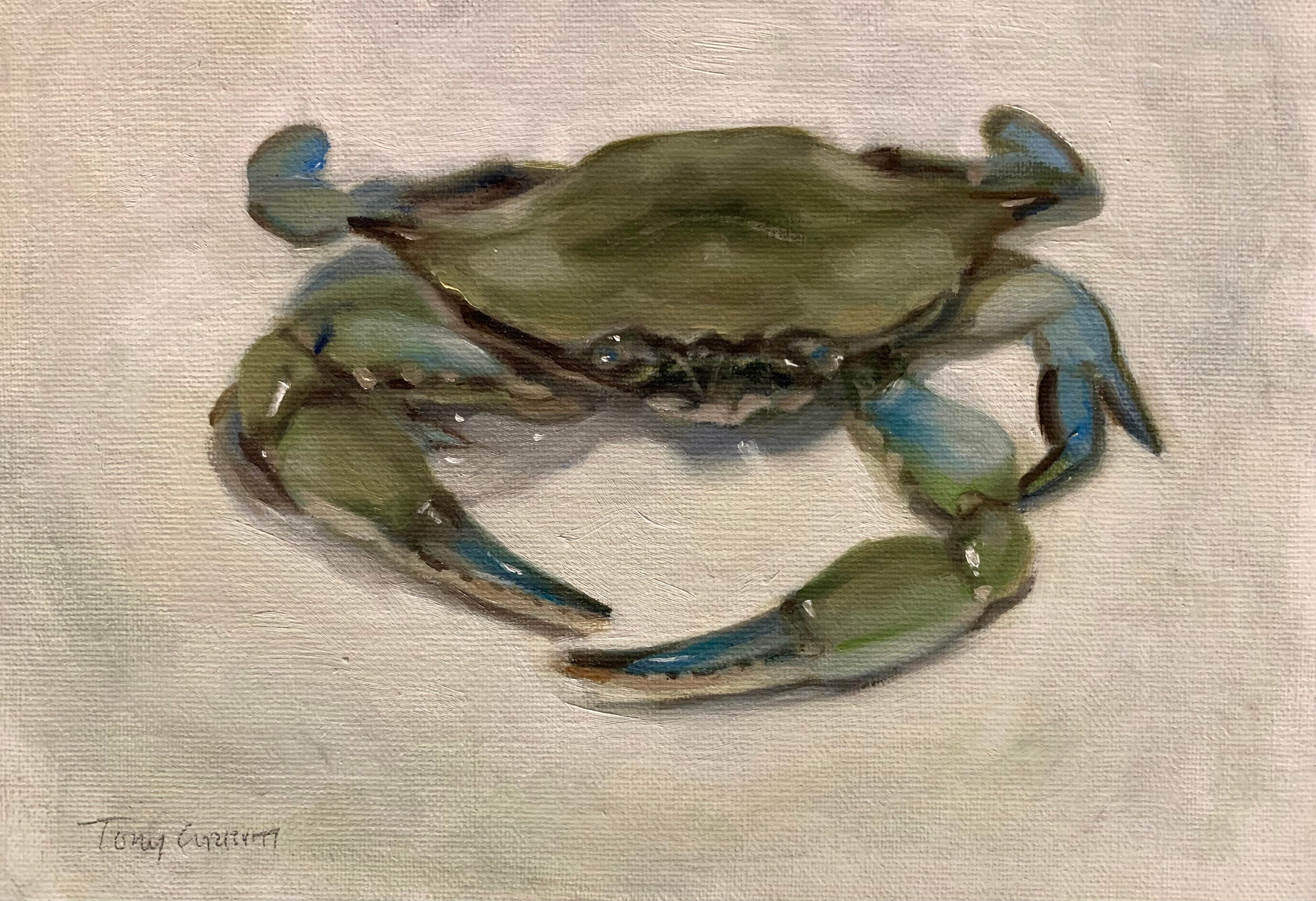 セール！ブルーカニ、5インチ×7インチのリネンパネルに描かれたオリジナルの額入り油絵、静物画、カニアート、動物アート、魚アート、ファインアート、静物画  - Etsy 日本
