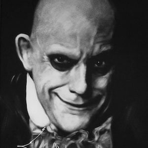 May include: Black and white portrait painting of a man with a sinister smile. The man is bald and has a serious expression on his face. The painting is signed in the bottom left corner.