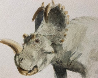 Centrosaurus Sketch, Framed Original Watercolor Painting on 4"x6" Watercolor Paper, Black Frame is 5"x7.25", Fine Art, Dinosaur Art