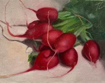 Radishes, Original Oil Painting on 6"x8" Canvas Board, Still Life, Food, Cooking, Fall, Farm, Fine Art, Classic Art, Food Art