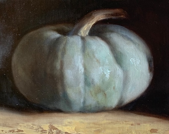 Green Pumpkin, Original Framed Oil Painting on 5"x7" Linen Panel, Still Life, Halloween, Pumpkin, Fall, Autumn, Fine Art, Classic Art, Gourd