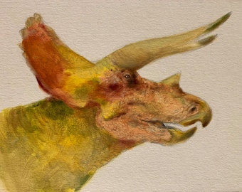 Triceratops, peinture à l'huile originale encadrée sur 6 "x 8" carton d'illustration, le cadre mesure 7,50 "x 9,50", beaux-arts, art des dinosaures, art paléo