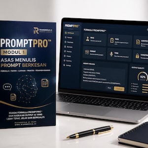 May include: A dark blue book titled PROMPTPRO MODUL 1 ASAS MENULIS PROMPT BERKESAN next to an open laptop displaying a dashboard interface, a black mug with a gold logo, a black pen, and a black spiral notebook on a white surface.