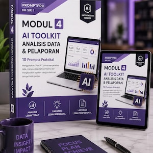 Może przedstawiać: Fioletowo-biała książka zatytułowana MODUL 4 AI TOOLKIT ANALISIS DATA & PELAPORAN, pasujący tablet, fioletowy kubek z napisem DATA INSIGHT IMPACT oraz notatnik spiralny z napisem FOCUS PLAN ACHIEVE, w towarzystwie czarnego długopisu.