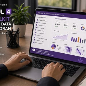 May include: A laptop screen displays a purple and white dashboard titled MODUL 4 AI TOOLKIT ANALISIS DATA & PELAPORAN, featuring various charts, graphs, and data metrics. The screen shows a list of ten practical prompts and analytical insights.
