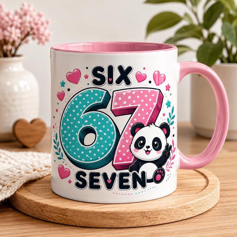 Op de afbeelding: Een witte keramische mok met een roze binnenkant en handvat, voorzien van de tekst SIX 67 SEVEN. Het ontwerp bevat een groot blauwgroen cijfer 6 met stippen, een roze cijfer 7 met stippen, een cartoon panda en diverse kleine roze en blauwgroene hartjes.