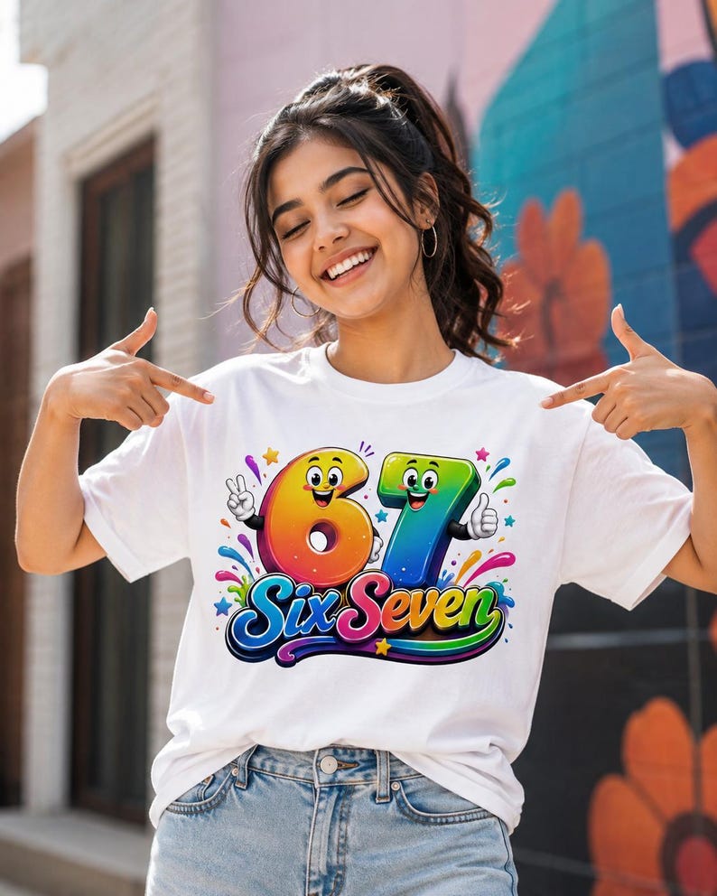 Op de afbeelding: Een wit T-shirt met korte mouwen en een kleurrijke afbeelding van de cijfers 6 en 7 met cartoongezichten, armen en handen. Onder de cijfers staat de tekst Six Seven in een vet, meerkleurig lettertype, omringd door kleine sterren en spatten.