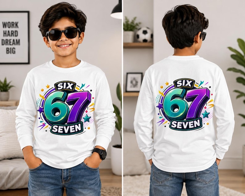 Op de afbeelding: Een wit shirt met lange mouwen en een grafische print op de voor- en achterkant. Het ontwerp toont de tekst SIX 67 SEVEN in grote, dikke, turquoise en paarse 3D-cijfers en zwarte letters, omringd door kleurrijke sterren en stippen.