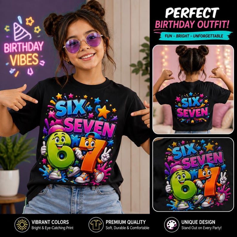 Op de afbeelding: Een zwart t-shirt met korte mouwen en een kleurrijke afbeelding van de cijfers zes en zeven als stripfiguren met petjes, omringd door sterren en verfspatten. De tekst luidt SIX SEVEN. Het ontwerp staat op de voor- en achterkant.