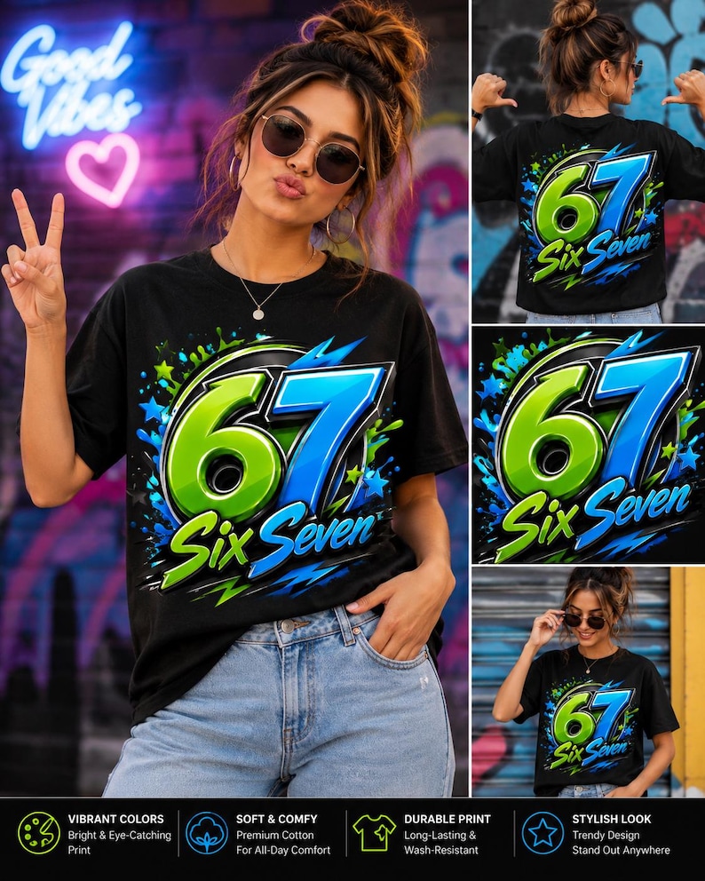 Op de afbeelding: Een zwart t-shirt met korte mouwen en een grote grafische print op de voor- en achterkant. Het ontwerp toont het getal 67 in felgroen en blauw, vergezeld van de tekst Six Seven, omringd door kleurrijke verfspatten en stervormen.