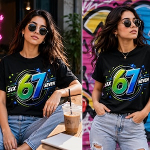 Op de afbeelding: Een zwart t-shirt met een grafisch ontwerp met het getal 67 in een groen en blauw verloop, omringd door cirkelvormige lijnen en geometrische vormen, met de tekst SIX SEVEN in een vet wit lettertype aan weerszijden van het getal.