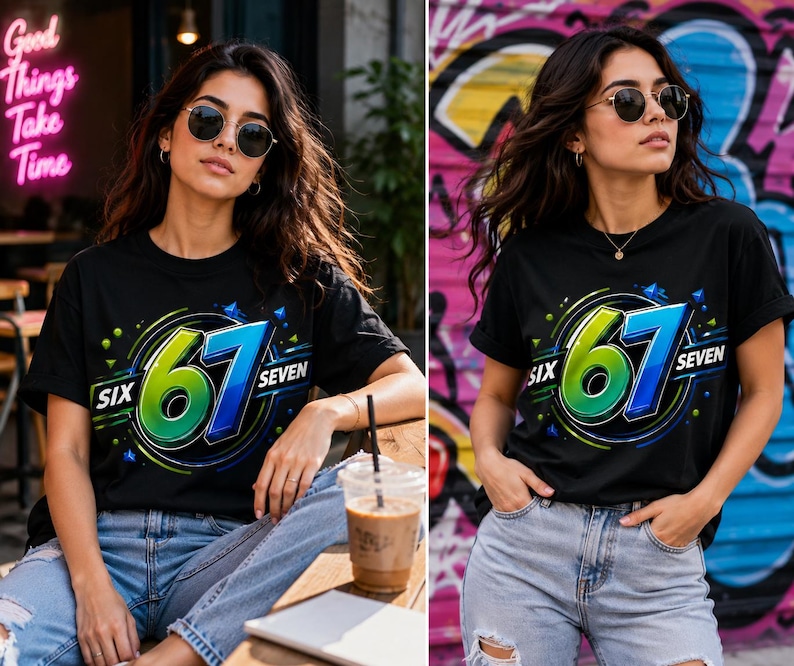 Op de afbeelding: Een zwart t-shirt met een grafisch ontwerp met het getal 67 in een groen en blauw verloop, omringd door cirkelvormige lijnen en geometrische vormen, met de tekst SIX SEVEN in een vet wit lettertype aan weerszijden van het getal.