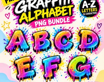 Graffiti-alfabet PNG-bundel, 3D-druppelletters clipart, street art-lettertype, kleurrijk graffiti-lettertype PNG, streetwear-alfabet, sublimatieontwerp